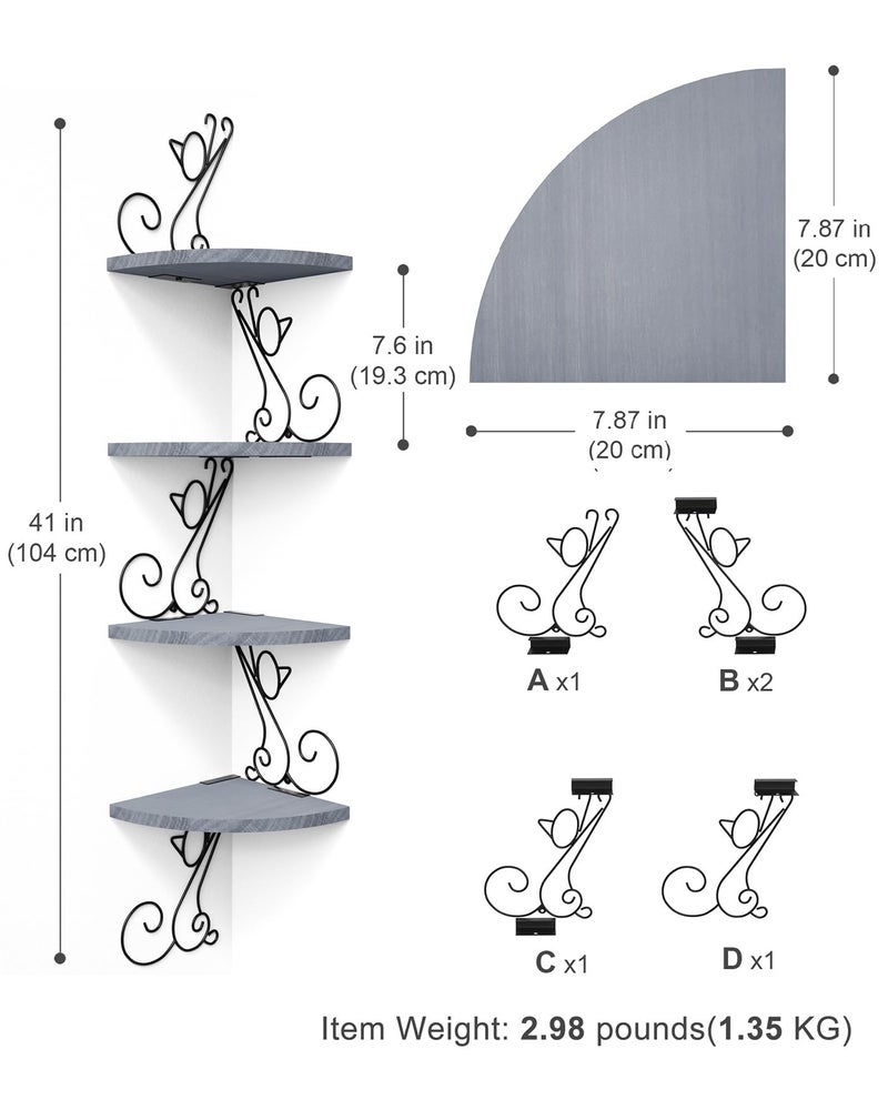 Alsonerbay Wall Mount Corner Shelves 4 Tier Floating Corner Storage Wood Shelves Decorative Rustic Radial Shelf in Cat Shape Weathered Grey - Image 3